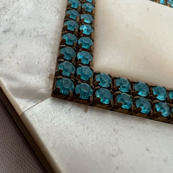 Antique Vintage Mother of Pearl & Blue Rhinestone Mirror Powder Beauty Compact - Picture 6 of 9